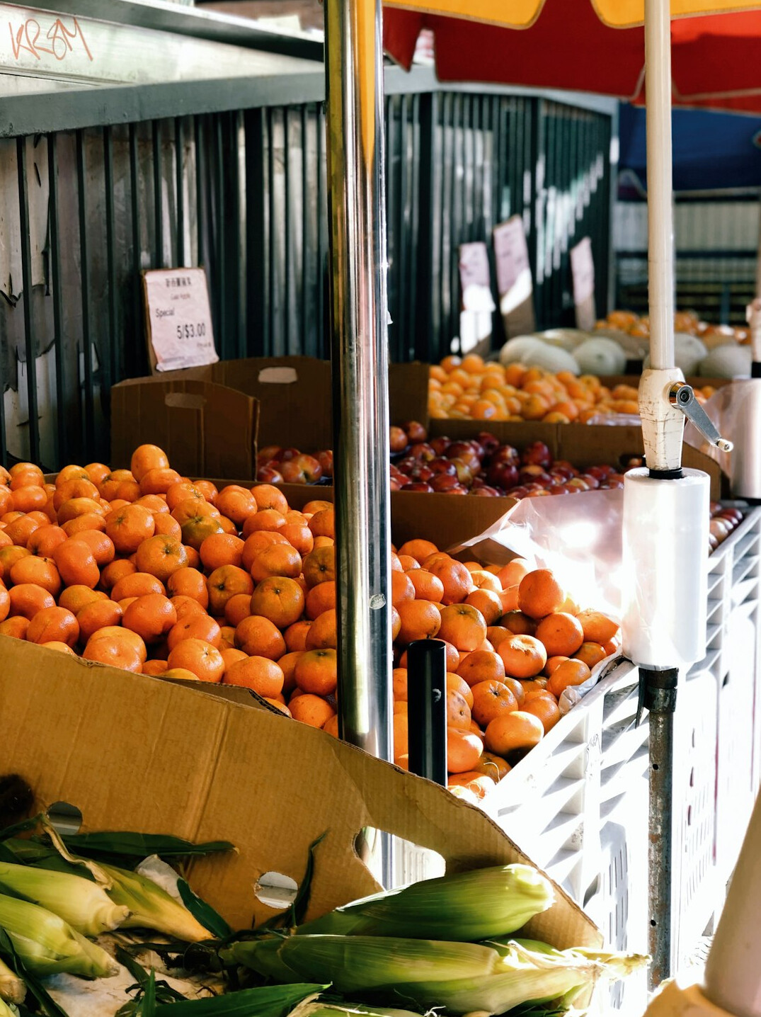 Market vendor arranging fresh produce at a local Canadian farmers market